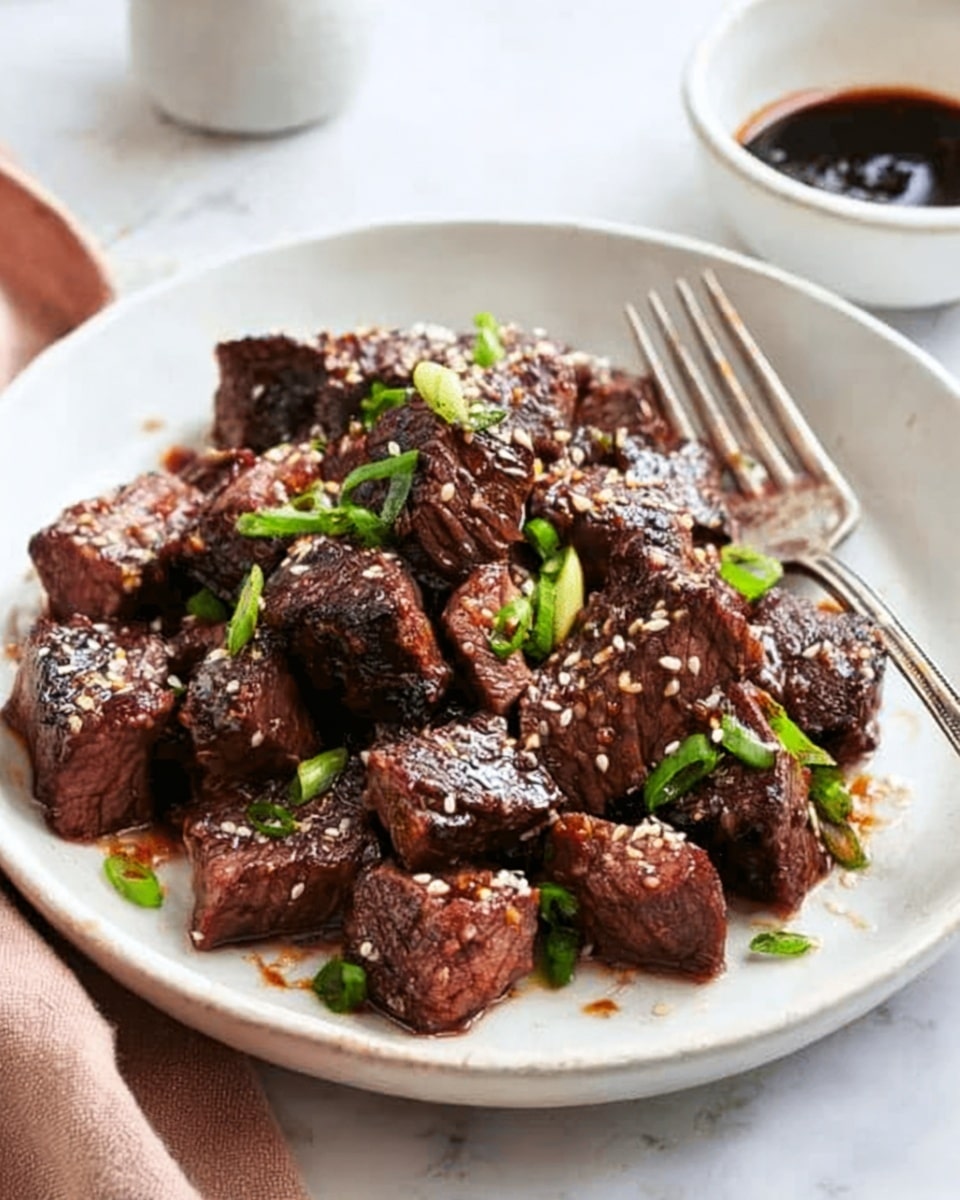 A white bowl filled with bite-sized pieces of cooked dark brown meat that have a slightly shiny glaze, sprinkled with white sesame seeds and chopped green onions. The bowl sits on a white marbled surface, with a silver fork resting inside it on the right side. In the background, there is a white cup filled with dark sauce and part of a wooden spoon on the lower right. The lighting highlights the juicy texture of the meat. photo taken with an iphone --ar 4:5 --v 7