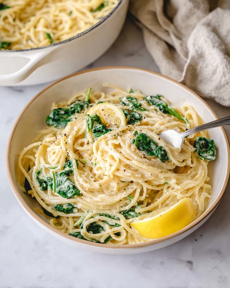 A round white bowl filled with creamy spaghetti pasta mixed with fresh dark green spinach leaves, sprinkled with grated light yellow cheese and a dusting of black pepper on top. A silver fork twirls some spaghetti on the right side of the bowl, and a bright yellow lemon wedge sits on the edge of the pasta near the fork. In the upper part of the image, a white cooking pot shows more of the same creamy pasta with spinach. The scene rests on a white marbled surface with a light grey textured cloth on the left. Photo taken with an iphone --ar 4:5 --v 7