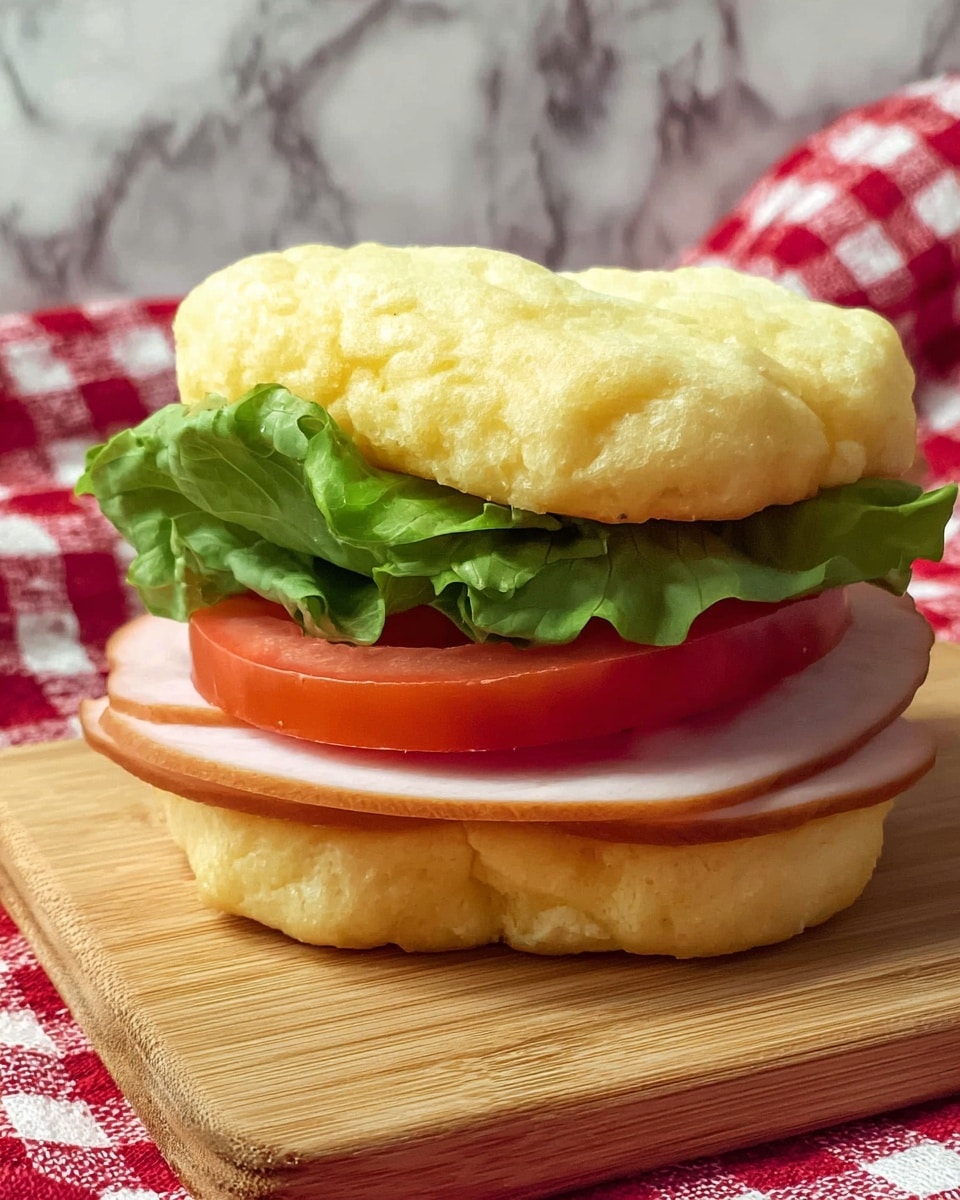 A sandwich with three main layers sits on a wooden board placed on a white marbled surface with a red and white checked cloth in the background. The bottom layer is a light yellow, soft, round bread with a slightly rough texture. On top of this is a thick slice of red tomato, followed by bright green, crinkled lettuce leaves. Above the lettuce, a slice of smooth, pale pink deli meat lies flat. The sandwich is topped with another piece of the same light yellow bread, which looks fluffy and airy with a slightly bumpy surface. Photo taken with an iphone --ar 4:5 --v 7