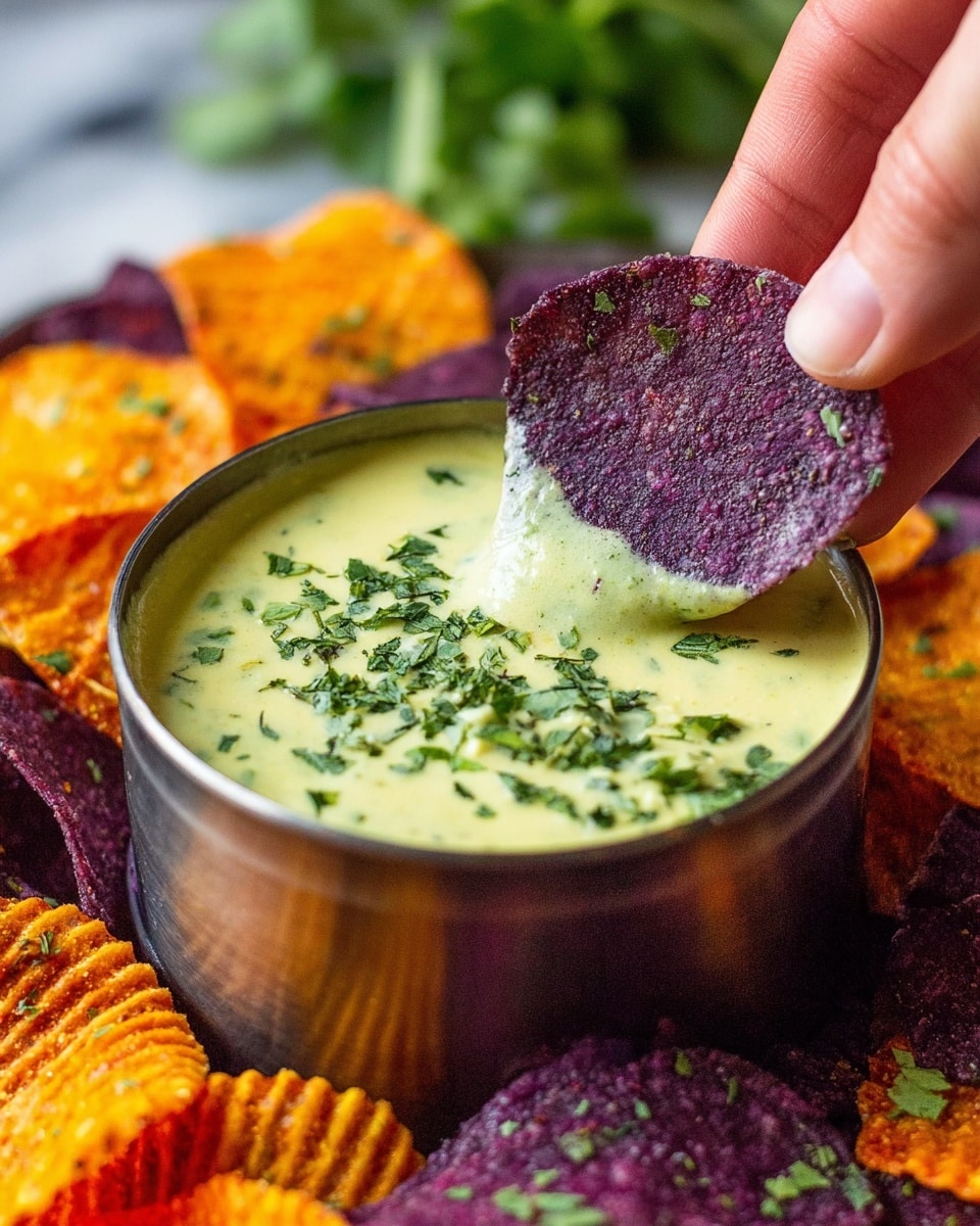 A round white plate holds colorful ridged chips in layers, with deep purple, bright orange, and yellow-green pieces scattered unevenly around a small bowl in the center. The bowl is filled with a creamy pale green sauce that has tiny green herb specks inside, with a smooth texture. The plate sits on a white marbled surface. photo taken with an iphone --ar 4:5 --v 7