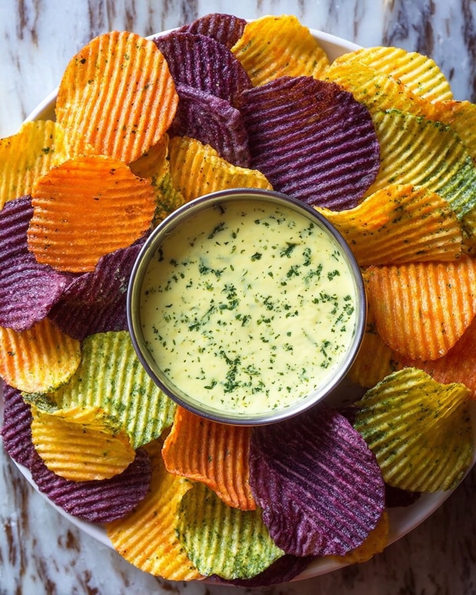 A close-up image shows a woman's hand dipping a purple chip into a metal cup filled with a thick green dip that has visible flecks of herbs. The metal cup is placed on a white marbled surface and surrounded by more purple and orange chips scattered around it. The dip has a smooth but slightly textured surface with green herbs spread evenly throughout. Photo taken with an iphone --ar 4:5 --v 7