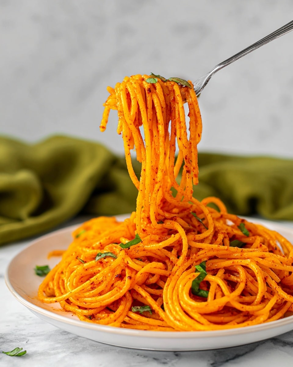 This image shows a white plate filled with orange spaghetti noodles that look soft and shiny. The noodles are lightly sprinkled with small bits of green herbs, adding a touch of color. A woman's hand is holding a fork lifting a twisted bundle of these noodles, showing the length and texture of the pasta. The plate sits on a white marbled surface with a blurred green cloth in the background. The lighting highlights the noodles’ glossy, slightly oily finish and the even orange color from the sauce on each strand. photo taken with an iphone --ar 4:5 --v 7