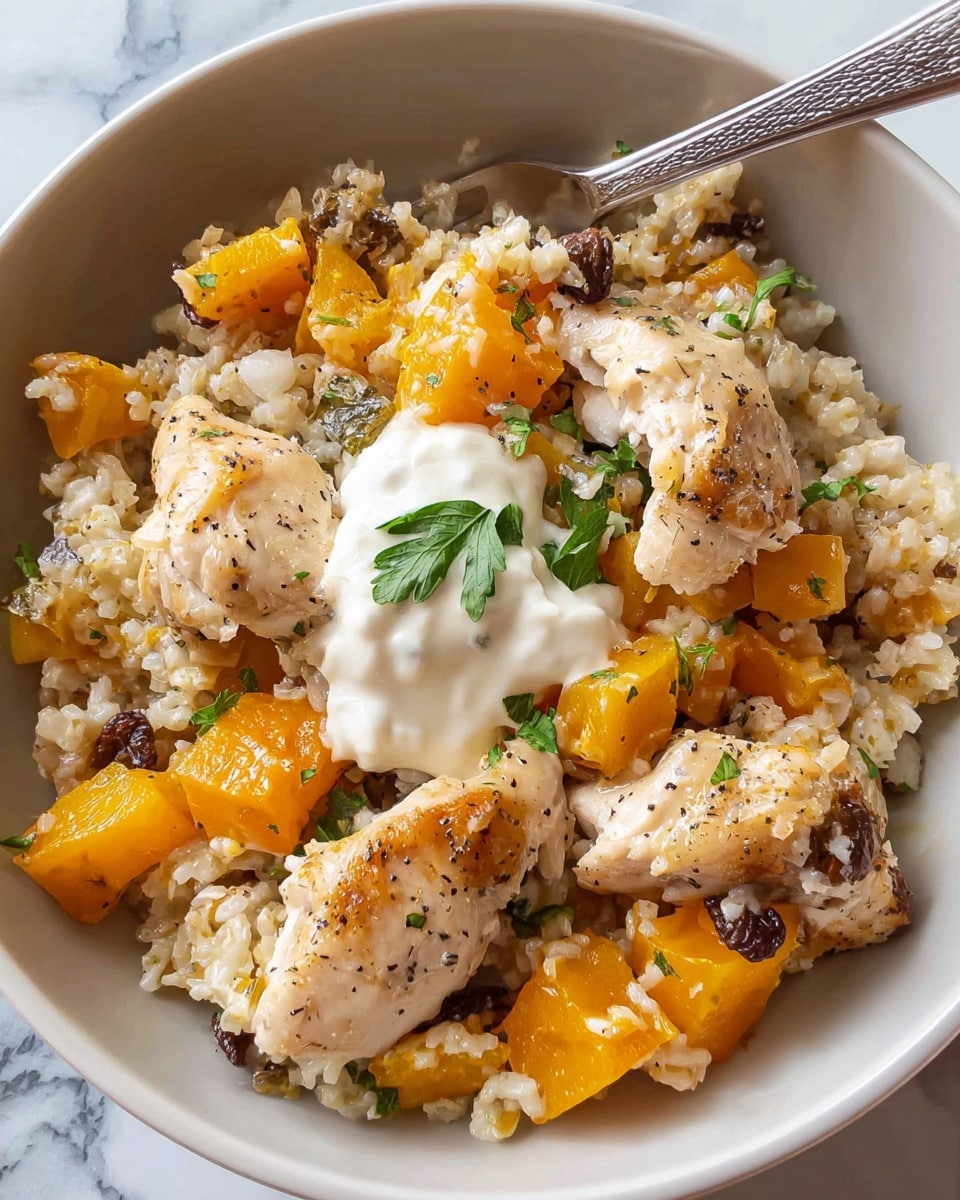 A white bowl is filled with three layers: at the bottom, soft cooked rice mixed with bright orange chunks of squash and dark brown raisins, next layer shows light golden cooked chicken pieces seasoned with pepper sitting on top of the rice mix, and finally, a dollop of thick white sauce is placed in the center with small green parsley leaves sprinkled on it. A silver fork rests inside the bowl on the top right side. The background is a white marbled surface. photo taken with an iphone --ar 4:5 --v 7