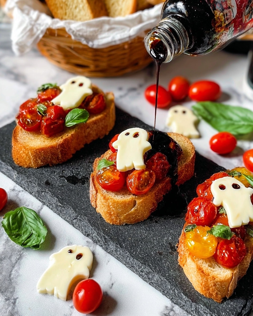 Three slices of toasted bread lie on a gray textured board, each topped with diced red cherry tomatoes and fresh green basil leaves. On two of the toast slices, a ghost-shaped slice of pale white cheese with dark eyes and mouth made from a drizzle sits neatly, while the third slice is being drizzled with a dark balsamic glaze from a bottle held by a woman's hand. Around the toasts are whole cherry tomatoes, green basil leaves, and extra slices of the ghost-shaped cheese. In the background, a white basket with toasted bread and a small black bowl of cheese slices rest on a white marbled surface. photo taken with an iphone --ar 4:5 --v 7