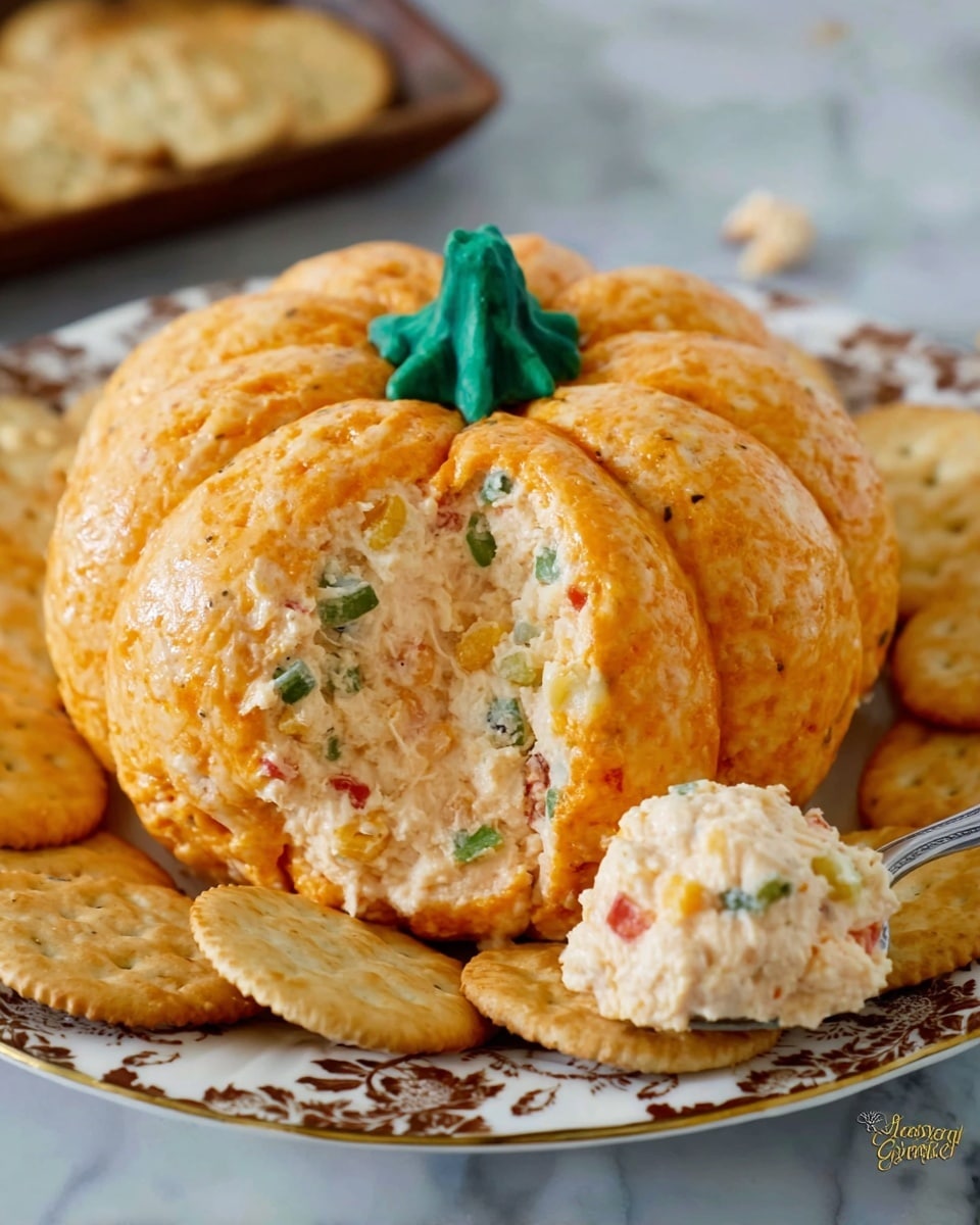 The dish looks like a pumpkin-shaped cheese ball with a smooth, slightly crumbly orange layer on the outside resembling a pumpkin’s surface, divided into sections by faint lines. It has a bright green stem placed in the center on top, mimicking a real pumpkin. One section is removed, revealing a creamy white inside mixed with small pieces of red and green, giving it a textured look. Around the cheese ball, there are round, golden crackers arranged in a circle on a white plate with a dark floral pattern on the edge. A scoop of the creamy filling is placed on a cracker in the front. The whole setup sits on a white marbled surface. photo taken with an iphone --ar 4:5 --v 7