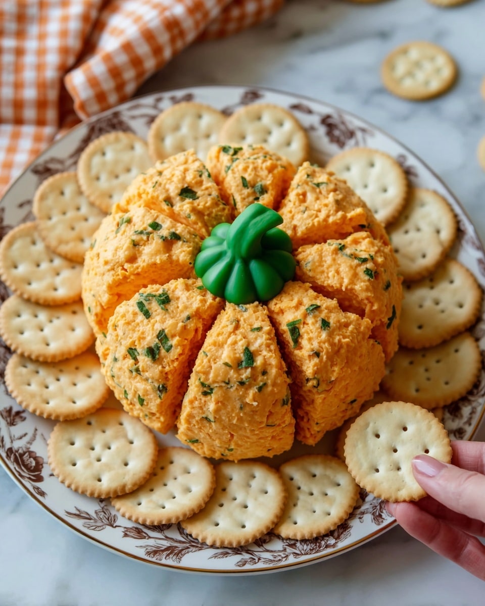A white plate holds a cheese ball shaped like a pumpkin with six orange, slightly cracked segments forming the body, each segment showing hints of herbs inside. At the top center of the pumpkin-shaped cheese ball is a green pepper piece acting as the stem. Surrounding the cheese ball are round, light brown crackers that fill the rest of the plate. The scene is set on a white marbled surface with a blurred orange and white checkered cloth in the background. photo taken with an iphone --ar 4:5 --v 7