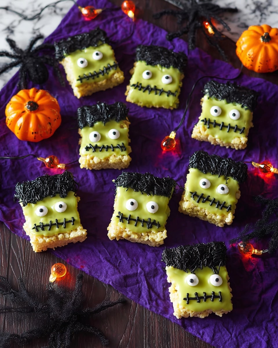 The image shows multiple square treats designed to look like Frankenstein faces on a dark wood surface with purple spider web cloth beneath them. Each treat has three layers: a crunchy base covered by a bright green coating that makes up the Frankenstein face, decorated with two white candy eyes with black dots, and black icing to create the hair and stitched mouth details. Some black hair parts have a wavy texture, and the stitches vary in length but are evenly spaced. Orange pumpkin-shaped string lights are laid around the treats, adding a warm glow to the scene. The background is replaced with white marbled texture. Photo taken with an iphone --ar 4:5 --v 7