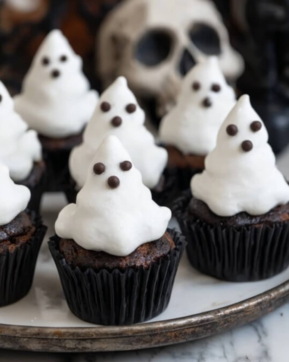 The image shows several cupcakes with black paper liners placed on a round tray. Each cupcake has a large swirl of white frosting shaped like a ghost, with a pointed tip at the top. Three small chocolate chips are arranged on the frosting to create eyes and a mouth, giving each cupcake a cute ghost face. The tray is on a white marbled surface, and a blurred skull decoration is in the background. Photo taken with an iphone --ar 4:5 --v 7