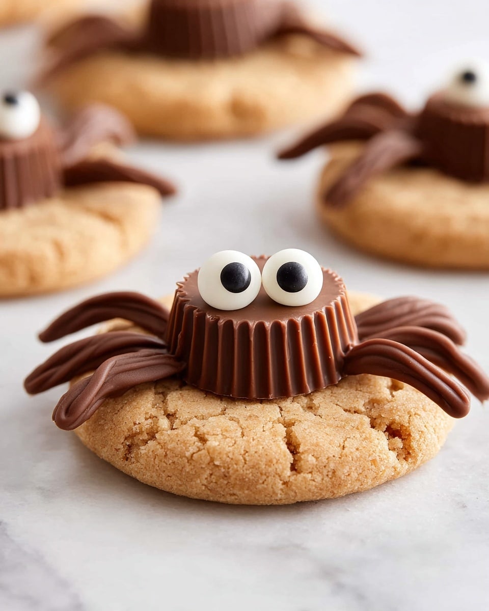 The image shows a cookie designed to look like a spider. The base is a round, light brown cookie with a slightly rough texture. On top of the cookie, there is a chocolate cup placed upside down as the spider's body. Surrounding the chocolate cup, there are eight legs made of thick, dark brown chocolate lines extending outward, four on each side. Two round white candy eyes with black centers are positioned at the front of the chocolate cup, giving the spider a cute look. The cookies sit on a white marbled surface, and the focus is on the front cookie with others blurred in the background. Photo taken with an iphone --ar 4:5 --v 7