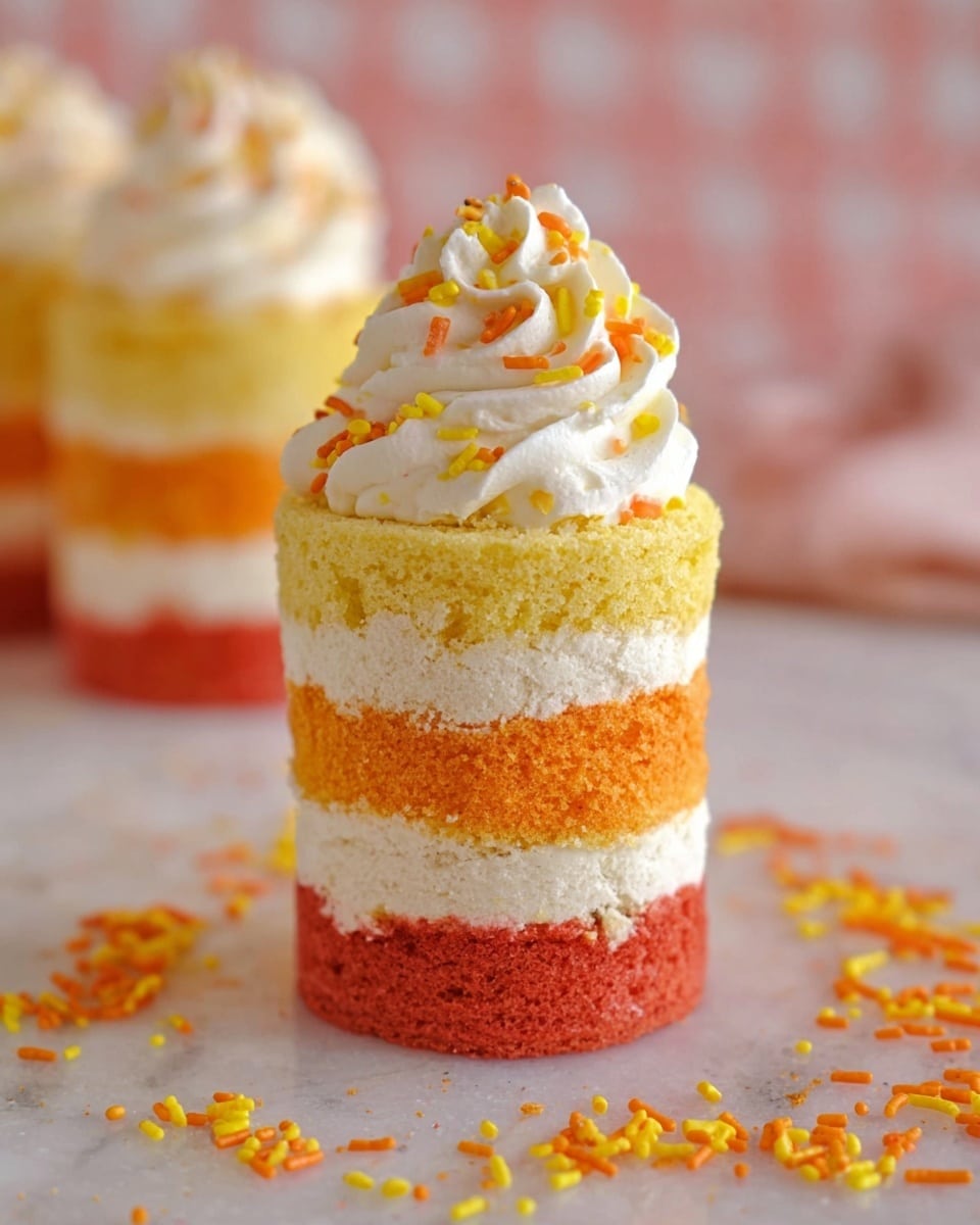 The image shows a small layered cake with four colorful cake layers stacked on top of each other placed on a white marbled surface. The bottom layer is bright yellow, followed by a vibrant orange layer, then a red layer, and the top layer is white. Each cake layer is separated by a thin layer of white cream filling. On top, there is a swirl of white cream decorated with small yellow and orange sprinkles. More sprinkles are scattered around the base of the cake on the white marbled surface. The photo taken with an iphone --ar 4:5 --v 7