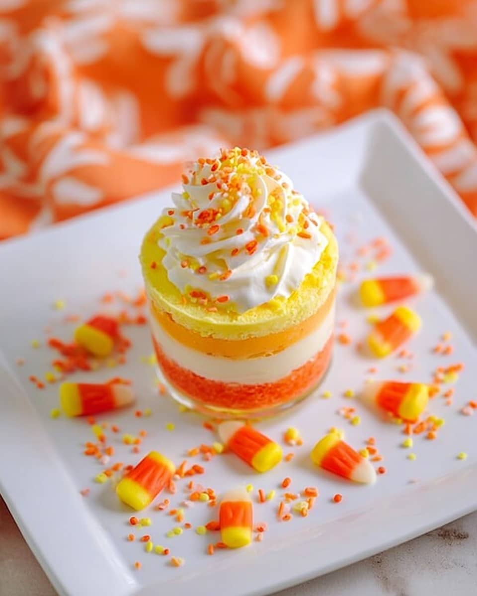 The image shows a three-layer mini cake on a white square plate placed on a white marbled surface. The bottom layer is bright yellow, the middle layer is orange, and the top layer is white. On top of the white layer is a swirl of white whipped cream, decorated with small orange, yellow, and white sprinkles. Around the cake on the plate, there are candy corn pieces and scattered sprinkles matching the colors on the cake's top. The whole setting is bright and colorful. photo taken with an iphone --ar 4:5 --v 7