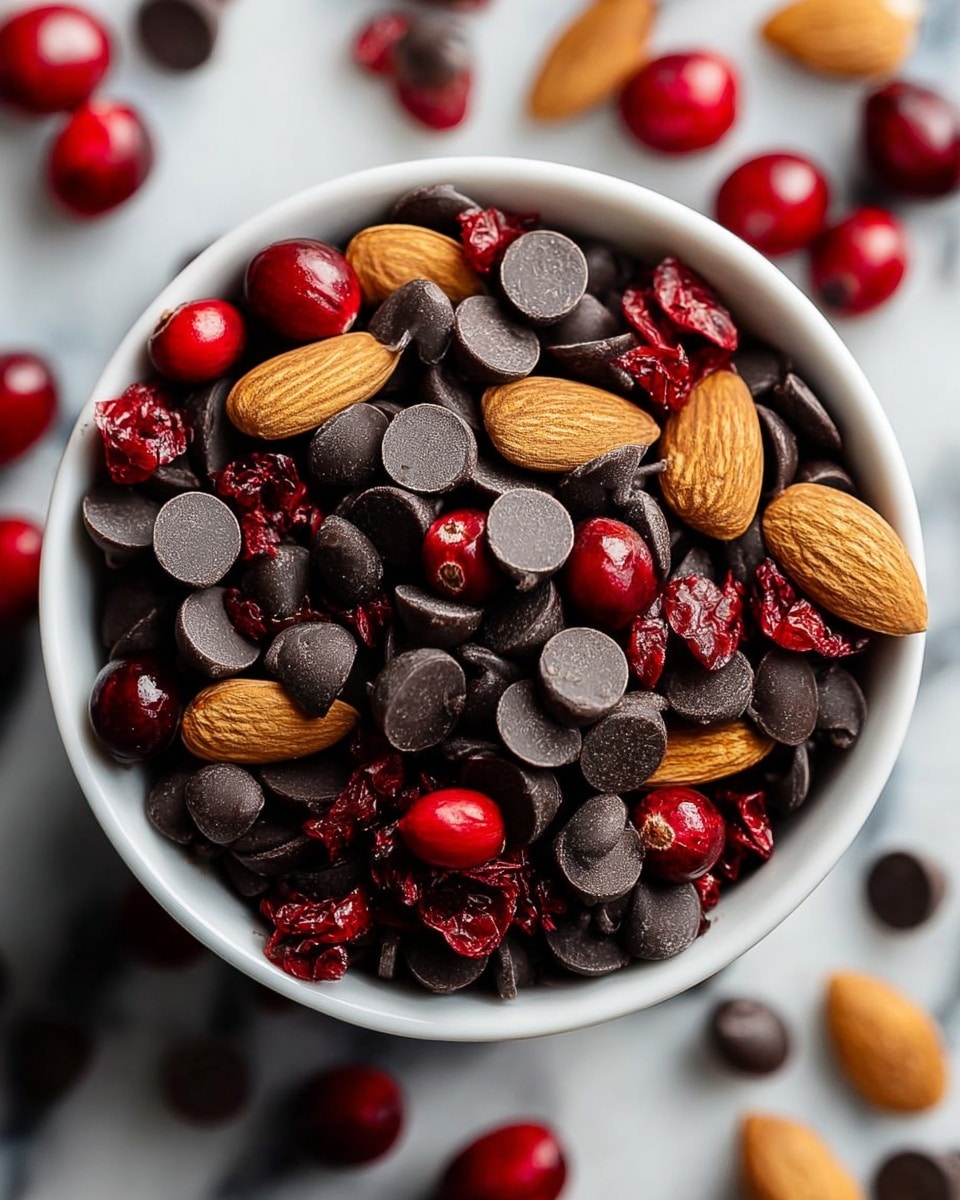 A white bowl full of dark chocolate chips mixed with bright red cranberries. The chocolate pieces vary in shape and size, some are smooth rounds while others have patterns on them. The red cranberries are glossy and round, scattered evenly among the chocolate chips. The bowl sits on a white marbled surface, with some whole almonds and cranberries blurred in the background. photo taken with an iphone --ar 4:5 --v 7