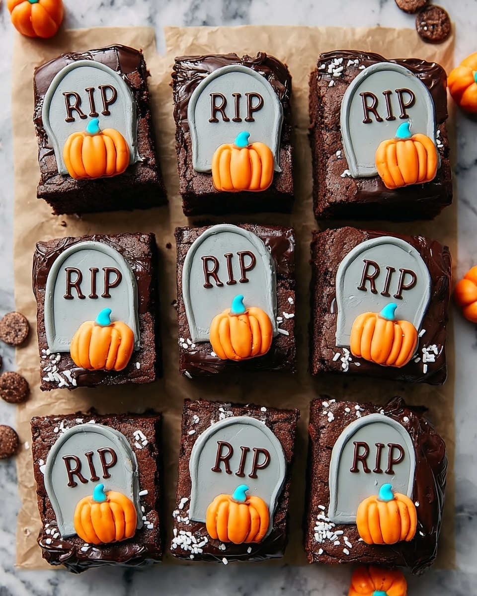 There are twelve dark brown chocolate brownies arranged in a 3 by 4 grid on brown parchment paper over a white marbled surface. Each brownie is topped with a single layer of smooth light gray frosting shaped like a tombstone, with