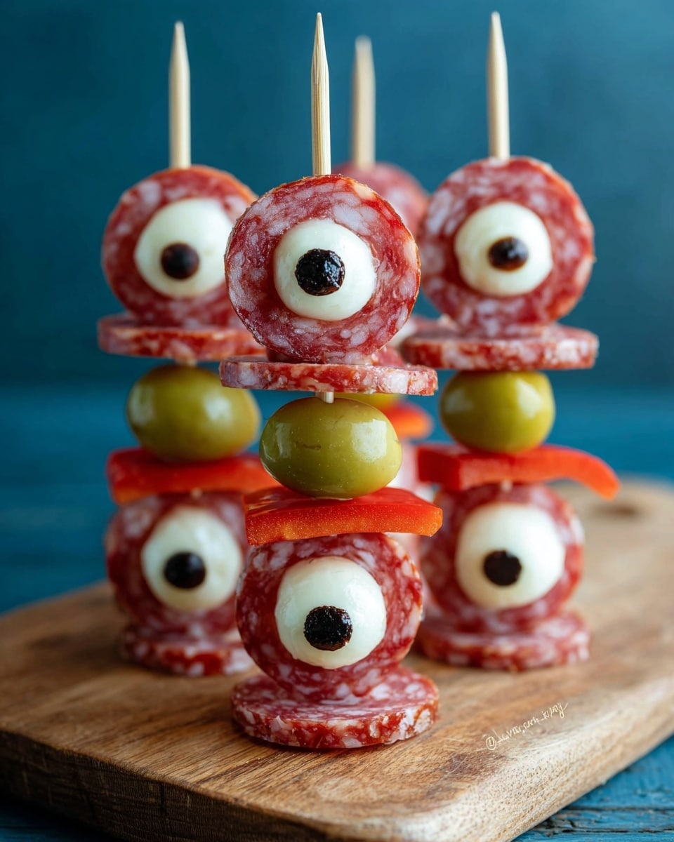The image shows four small snacks arranged on a wooden board with a white marbled surface underneath. Each snack has three layers: the bottom layer is a round slice of red salami, the middle layer is a white mozzarella ball covered a bit with green herbs, decorated on one side with a slice of dark red olive and a small black olive piece in the center to look like an eye, and the top layer includes several thin slices of salami fanned out and an olive on a toothpick stuck through the center. There are also curved slices of red bell pepper placed near the bottom of each snack. The background is dark, making the colors of the food stand out clearly. photo taken with an iphone --ar 4:5 --v 7