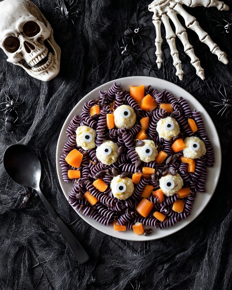 A white round plate filled with three layers of dark purple spiral pasta as the base layer, topped with small pieces of bright orange bell pepper scattered evenly. On top of this, there are small round white mozzarella balls with a green olive slice and black olive center placed all over. Also, small, light brown mushroom slices with two dark holes are scattered around the plate. The plate rests on a black net-like cloth with plastic black spiders, a white skull on the upper left, and white skeleton fingers reaching toward the plate from the right side. A black spoon and a small empty black bowl are next to the plate. Photo taken with an iphone --ar 4:5 --v 7