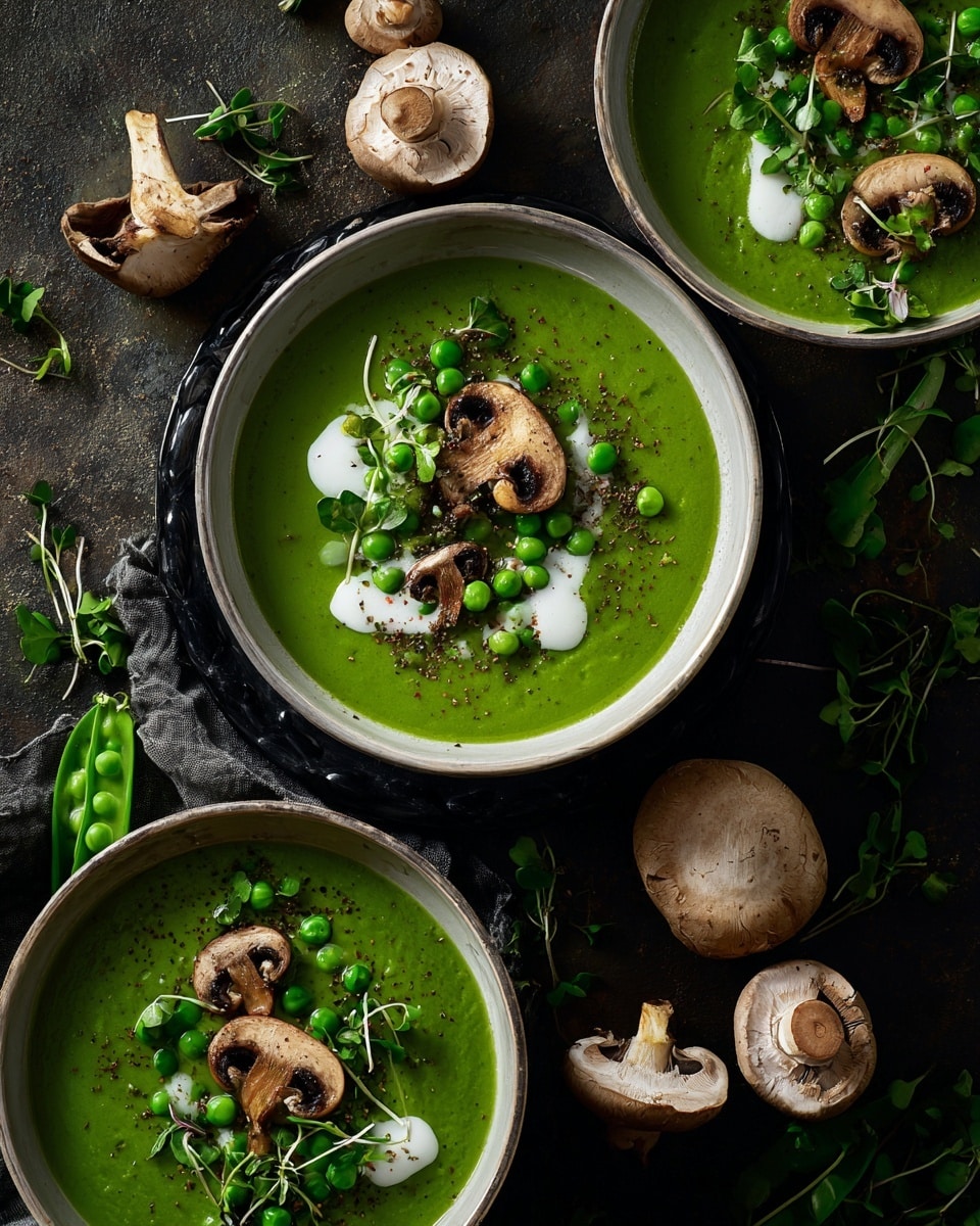 The image shows black bowls filled with green soup placed on a dark surface. Each bowl has a smooth green soup base with a swirl of cream in the center. On top of the soup, there are two cooked mushrooms, some green microgreens, and small green vegetable pieces scattered around. The mushrooms are brown and slightly shiny from cooking. Around the bowls, there are fresh mushrooms and some scattered microgreens on the white marbled surface that add a natural touch. The photo taken with an iphone --ar 4:5 --v 7