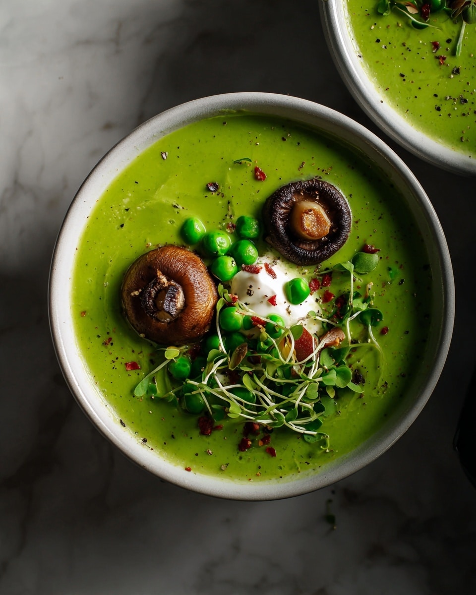 A white bowl filled with smooth, bright green soup forms the base layer, topped with a swirl of white cream. On the cream and soup sit two cooked mushrooms, one dark brown and the other light brown, adding texture and depth. Scattered around are small green peas and fresh green microgreens with fine stems. Tiny red chili flakes are sprinkled on top, giving a pop of color. The bowl is set on a white marbled surface. photo taken with an iphone --ar 4:5 --v 7