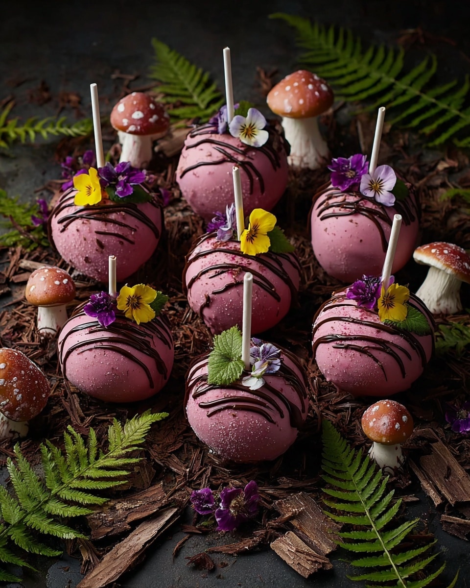 The image shows eight cake pops on white sticks, placed on a dark surface with a blurred green background. Each cake pop has two different styles: one style has a smooth white round layer on the bottom with a thin brown crust base and a thick dark red sauce dripping down from the top, decorated with blackberries and small white and purple flowers. The other style has a rough dark purple coating with tiny crunchy bits all over, topped with blackberries and small flowers. The cake pops are arranged in rows with some small purple flower petals and green herbs scattered around them on the surface, photo taken with an iphone --ar 4:5 --v 7