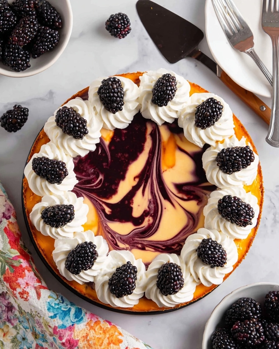 A round cheesecake with two visible layers: the bottom layer is light orange with a smooth texture, and the top layer has dark purple and orange swirls creating a marbled effect. The cheesecake is decorated with a ring of white whipped cream dollops around the edge, each topped with a shiny black blackberry. It is placed on a white marbled surface, with a small white bowl full of blackberries on the top right and some loose blackberries scattered nearby. To the upper left, there are two stacked white plates with two forks on top, and a silver cake server rests to the right of the cheesecake. A dark blue cloth with pink and white floral prints lies on the bottom left corner. photo taken with an iphone --ar 4:5 --v 7
