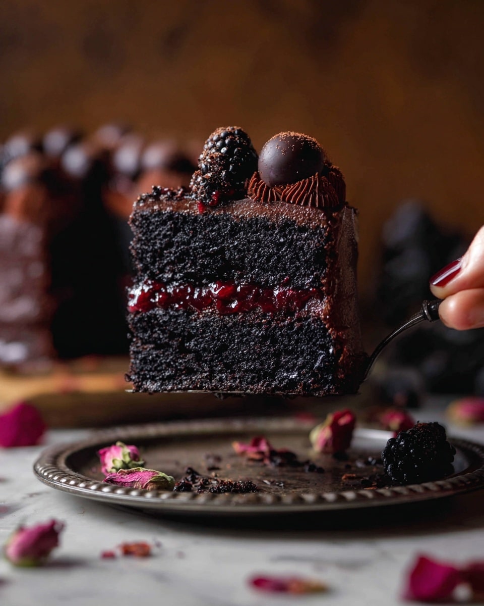 A dark, rich black chocolate cake with two thick layers separated by a thin layer of deep red jelly, topped with shiny dark chocolate skulls and scattered blackberries with a few red berry seeds. The cake sits on a rustic gray plate, placed on a white marbled surface. The background is softly blurred with warm brown tones, highlighting the cake’s dark textures and glossy toppings. A slice is removed showing the red jelly slightly dripping. photo taken with an iphone --ar 4:5 --v 7
