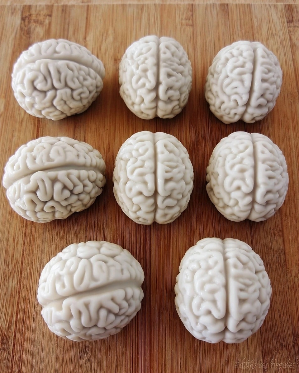 The image shows several small brain-shaped desserts with a smooth, white outer layer that has detailed brain-like folds and grooves. One dessert is placed on a white square plate in the front and is split open, revealing a dark purple filling inside with red jam spilling out onto the plate. The desserts are arranged on a green textured cloth with a clear focus on the front one that is open. photo taken with an iphone --ar 4:5 --v 7