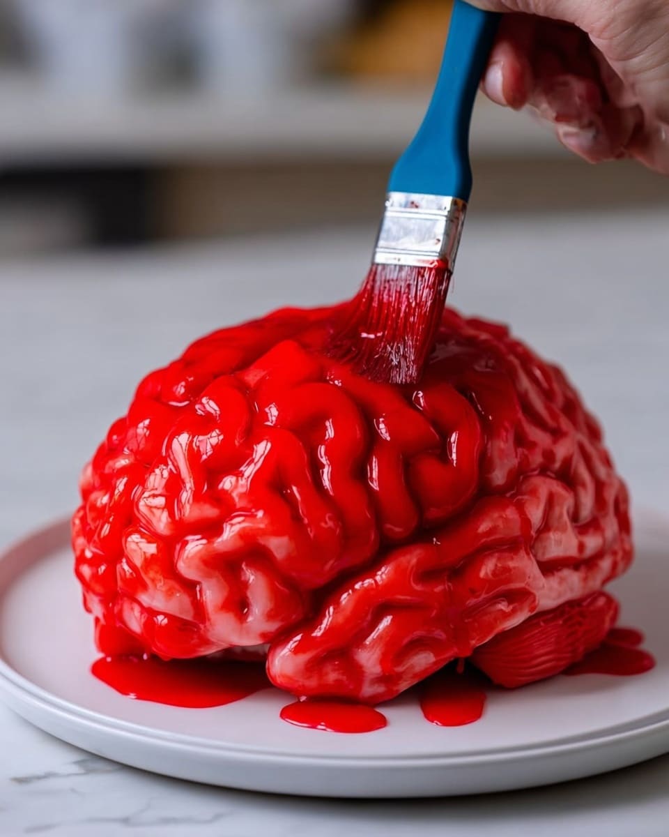 A cake shaped like a human brain sits on a white round cake board atop a white cake stand. The brain cake has a shiny, bright red surface with raised, curved folds that look very detailed and textured. The red glaze appears wet and glossy, with small drops around the base on the board. The cake is placed on a white marbled counter in a kitchen setting with blurred containers and cupboards in the background. Photo taken with an iphone --ar 4:5 --v 7