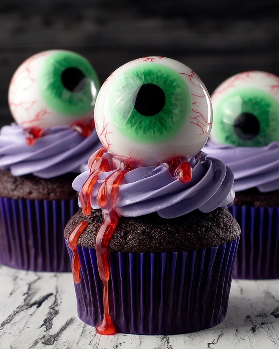 A dark purple cupcake liner holds a rich dark chocolate cupcake topped with thick swirls of smooth purple frosting. Sitting on top is a large, glossy, realistic eyeball decoration with a detailed green iris and red bloodshot veins. Bright red and green shiny sauces drip down the side of the cupcake, contrasting against the dark purple and black colors. The cupcakes are shown on a dark wooden surface with a black background. photo taken with an iphone --ar 4:5 --v 7
