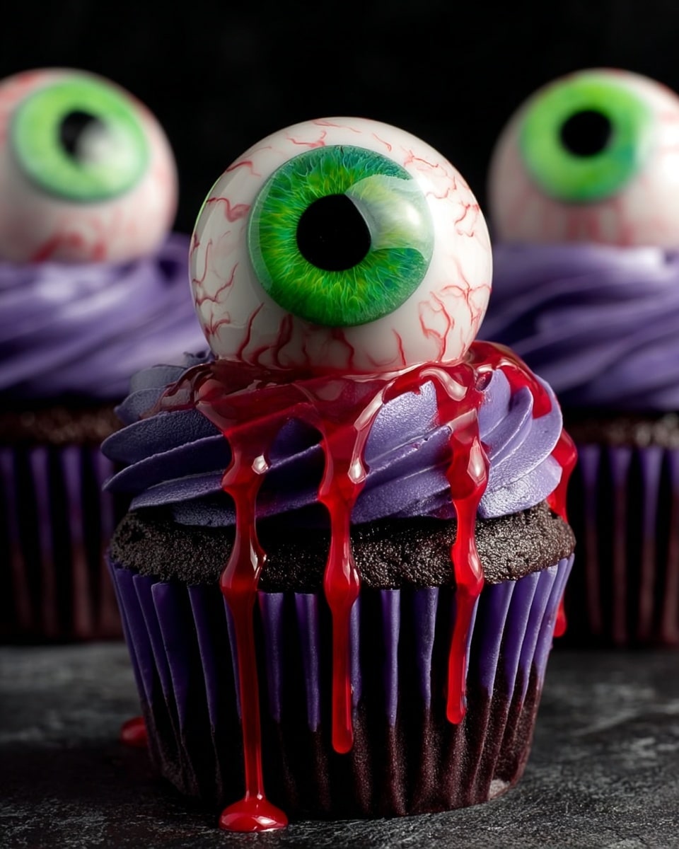 The image shows a dark chocolate cupcake in a purple wrapper with three thick layers: the base is the dark chocolate cake, the middle is purple frosting swirled in a round shape, and the top has a large glossy eyeball decoration with a blue-green iris and red veins. Bright red and green syrup drips down from the frosting over the cake. The cupcakes are placed on a dark wooden surface with a blurred background. photo taken with an iphone --ar 4:5 --v 7