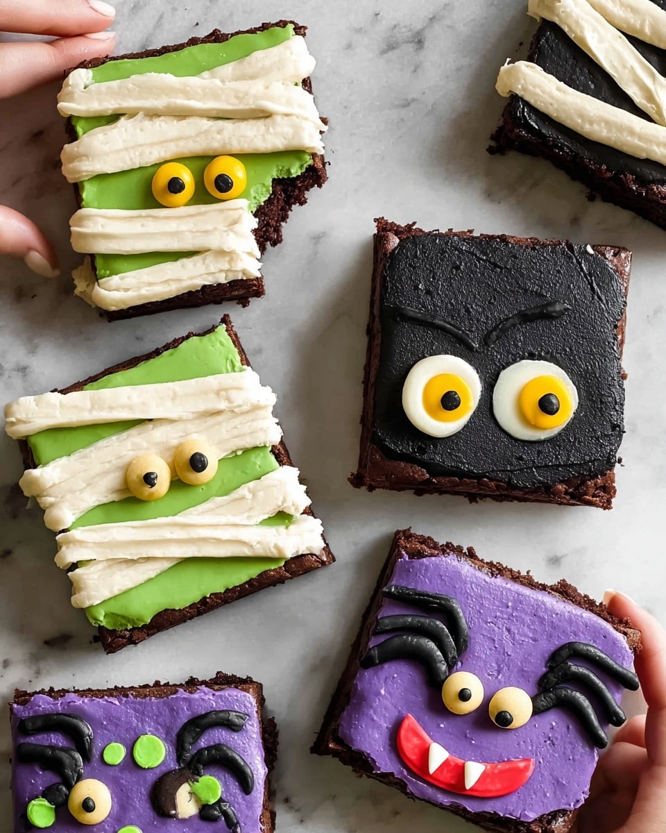 The image shows six square cookies on a white marbled surface. Four cookies are decorated as mummies, with a bright green base layer topped by cream-colored layered strips that look like bandages, with yellow and black eyes peeking through the gaps. Two of these mummy cookies have a woman's hand holding or about to grab them, and one has a bite taken out of the side. Two other cookies are decorated as vampire faces, with a black base layer and a cream-colored upper layer shaped like a face with large yellow and black eyes, black curved smiles, and red fangs. One vampire cookie has a bite taken out of the side. Photo taken with an iphone --ar 4:5 --v 7