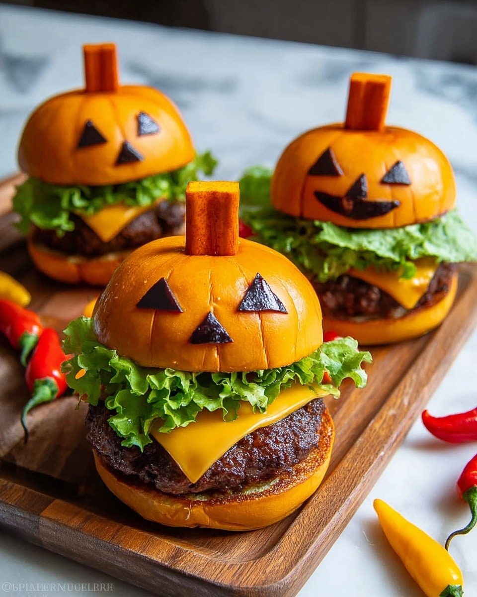 The image shows three burgers with three main layers each, placed on a wooden board on a white marbled surface. Each burger has a shiny orange top bun carved with two triangular dark brown eyes and a small dark brown triangle nose, resembling a jack-o'-lantern face. Below the top bun, there is a thick, textured dark brown meat patty, followed by a bright orange slice of melted cheese that drapes over the patty. Beneath the cheese, there is a fresh green leaf of lettuce resting on a soft, golden bottom bun. Small, colorful chili peppers scattered around add a pop of red, yellow, and green to the scene. Photo taken with an iphone --ar 4:5 --v 7
