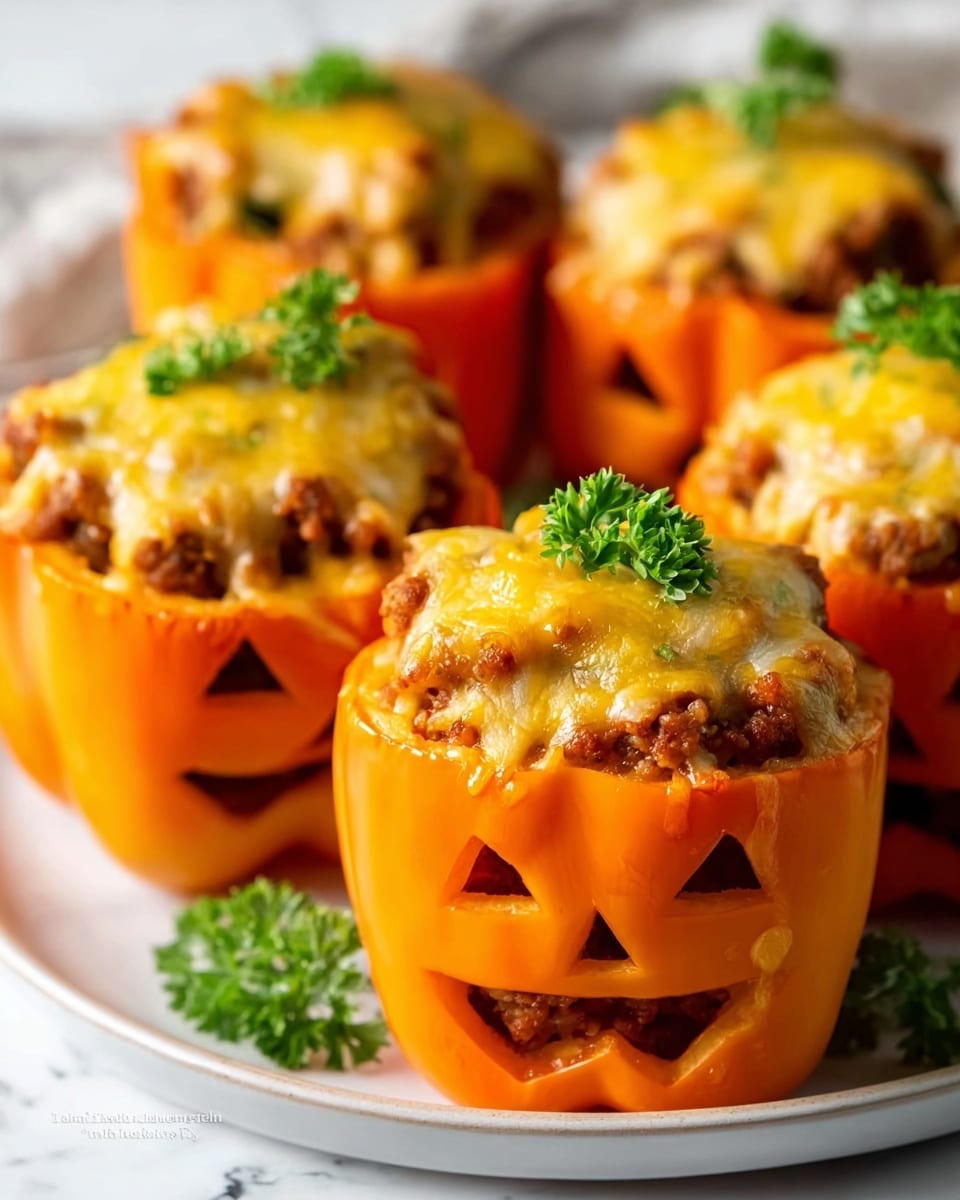The image shows a close-up of several orange bell peppers carved like jack-o'-lanterns with triangular eyes and jagged mouths. Each pepper is filled with a layer of seasoned ground meat and topped with a thick layer of melted golden-yellow cheese that spills slightly over the edges. Small green pepper stems remain on top, and they are sprinkled with chopped green herbs. The stuffed peppers are arranged on a white plate resting on a white marbled surface, with some fresh green parsley scattered around them. The warm colors and detailed textures of the melted cheese and meat contrast well with the bright orange peppers. Photo taken with an iphone --ar 4:5 --v 7