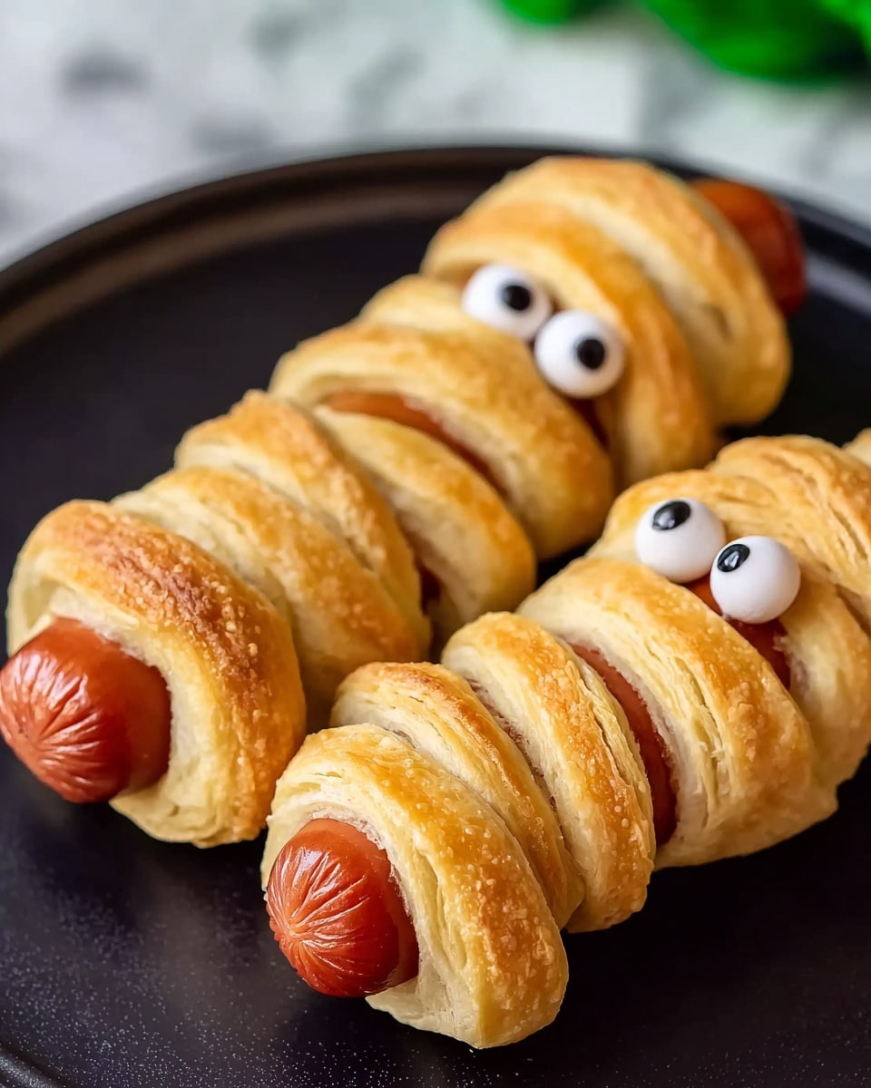 The image shows two small hot dogs wrapped with strips of golden-brown bread dough in a spiral pattern. Each hot dog is wrapped tightly but leaves a small area at one end free to place two small candy eyes with white and black colors, giving them a playful look. The hot dogs are placed on a round black plate that contrasts the warm tones of the dough and hot dogs. The background features a soft focus of green plants. photo taken with an iphone --ar 4:5 --v 7