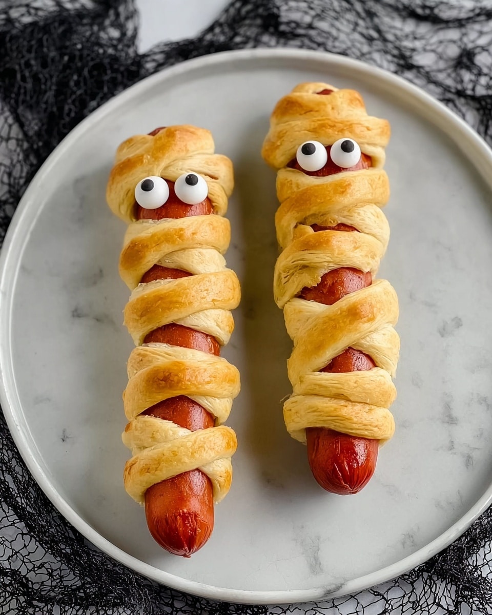 Two hot dogs wrapped in light golden pastry strips to look like mummies rest on a black plate. Each hot dog is deep reddish-brown and is wrapped with several uneven bands of puff pastry that show a slightly crisp, flaky texture. At the top of each hot dog, two small white candy eyes with black pupils give a playful, cartoon-like expression. The black plate contrasts with the warm colors of the hot dogs and pastry, and parts of a white marbled surface can be seen around the edges with a loose, gray net fabric draped softly nearby. photo taken with an iphone --ar 4:5 --v 7