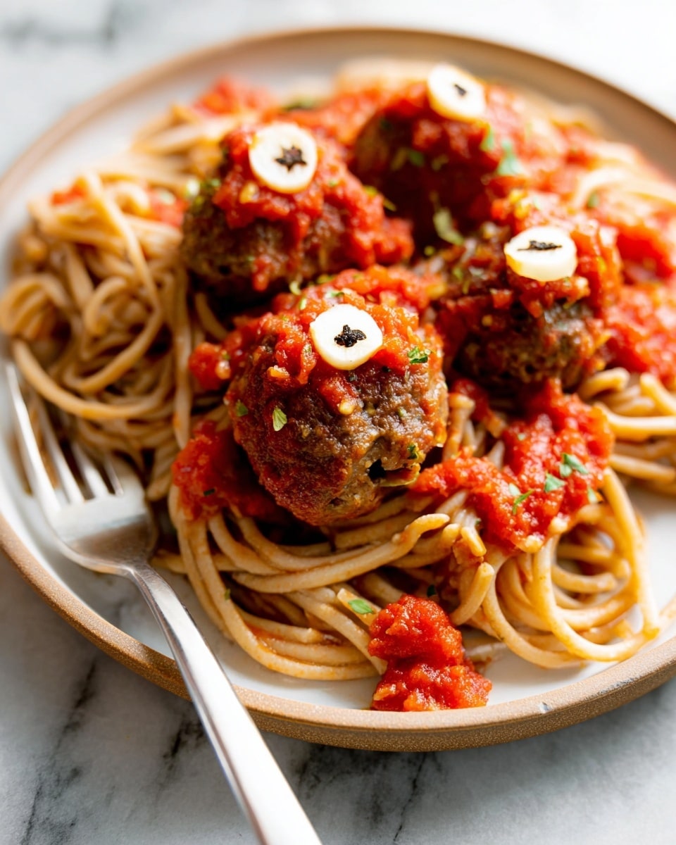 A white plate holds a serving of spaghetti pasta tossed with red tomato sauce scattered throughout. On top of the spaghetti, there are small brown meatballs, each covered with some more tomato sauce. Each meatball is topped with a round slice of white garlic and a small dark red peppercorn in the center. The plate is on a white marbled surface, and a fork is placed on the plate with the tip touching the spaghetti. photo taken with an iphone --ar 4:5 --v 7