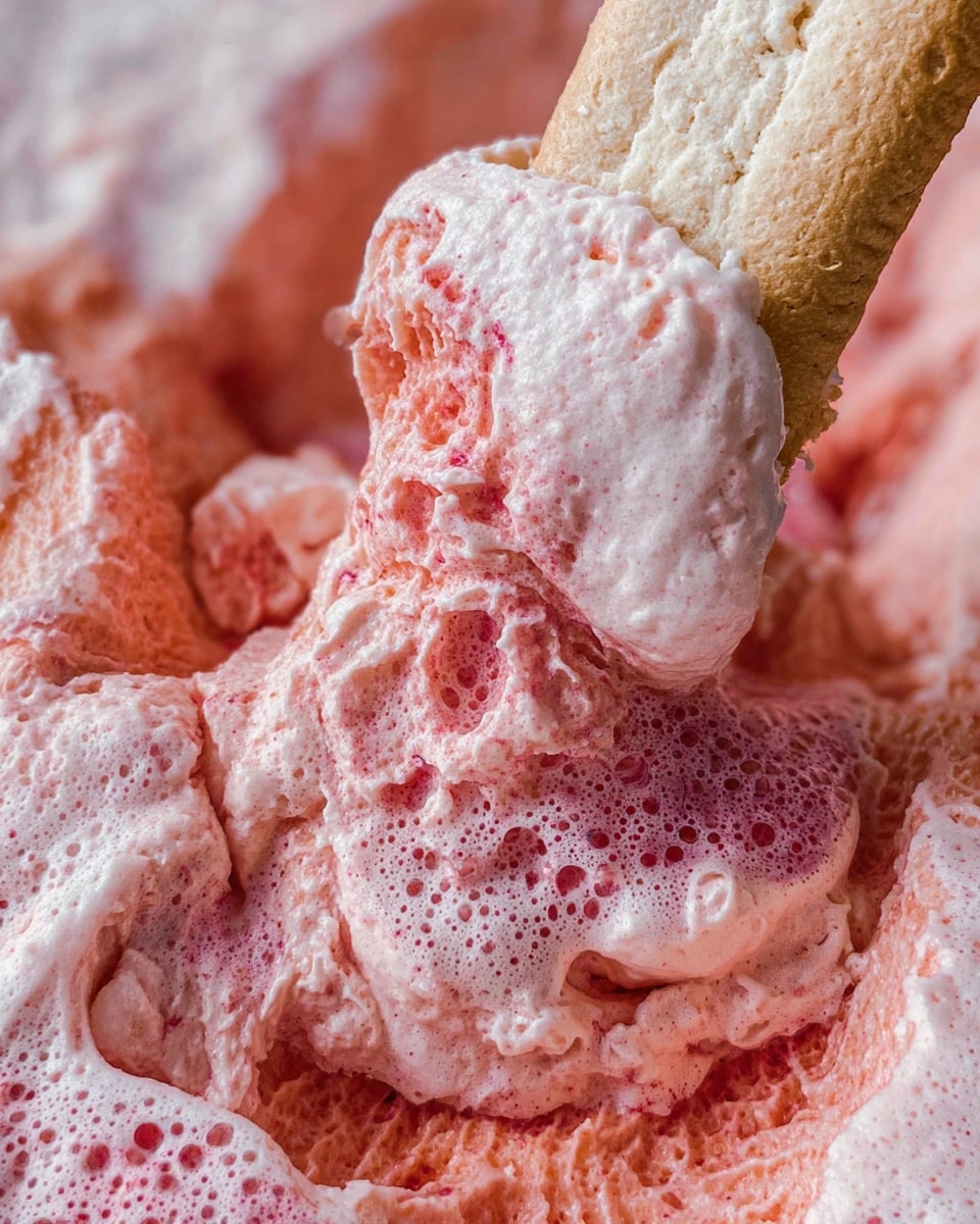 The image shows a close-up of a snack with three visible layers: the bottom layer is a light brown, soft, and airy bread-like texture, the middle layer is a pinkish fluffy foam spread thickly over the bread, and the top layer is a pale yellow biscuit or cookie that is being held by a woman's hand and dipped into the pink foam. The foam covers the top crumbly part of the bread and sticks to the biscuit, creating a mix of smooth and rough textures. The background is a white marbled surface. photo taken with an iphone --ar 4:5 --v 7