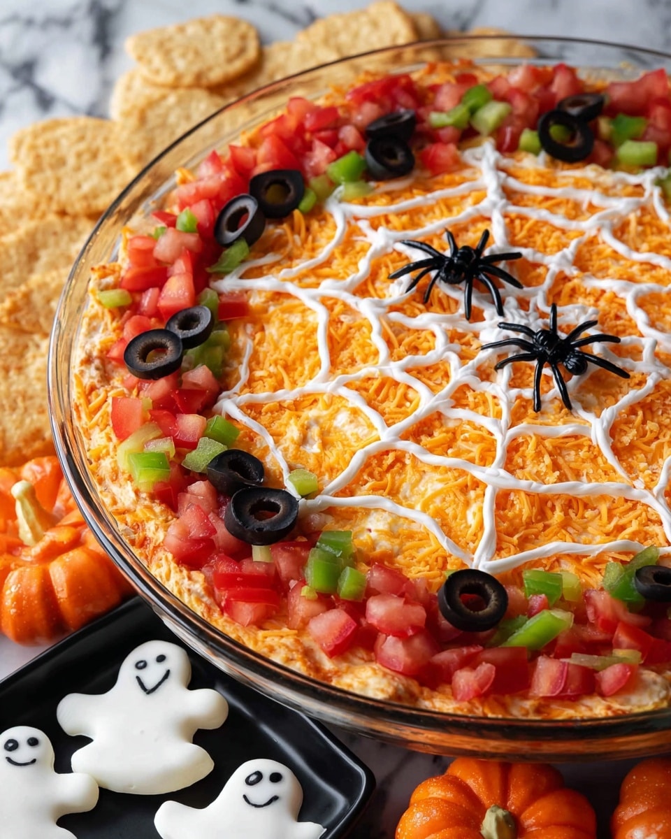 A clear round glass dish holds a layered dip with an orange shredded layer on top, likely cheese, forming the main visible surface. Over this, a white sour cream or cream cheese web design stretches from the center to the edges in a spiderweb pattern. The edge of the dish is decorated with a ring of diced red tomatoes, small green pepper pieces, and black olive slices evenly spread around. Three black plastic spiders are placed on top of the white web and orange cheese layer for a Halloween theme. The dish is set on a white marbled surface with small bowls of green pepper and diced tomatoes nearby. Photo taken with an iphone --ar 4:5 --v 7