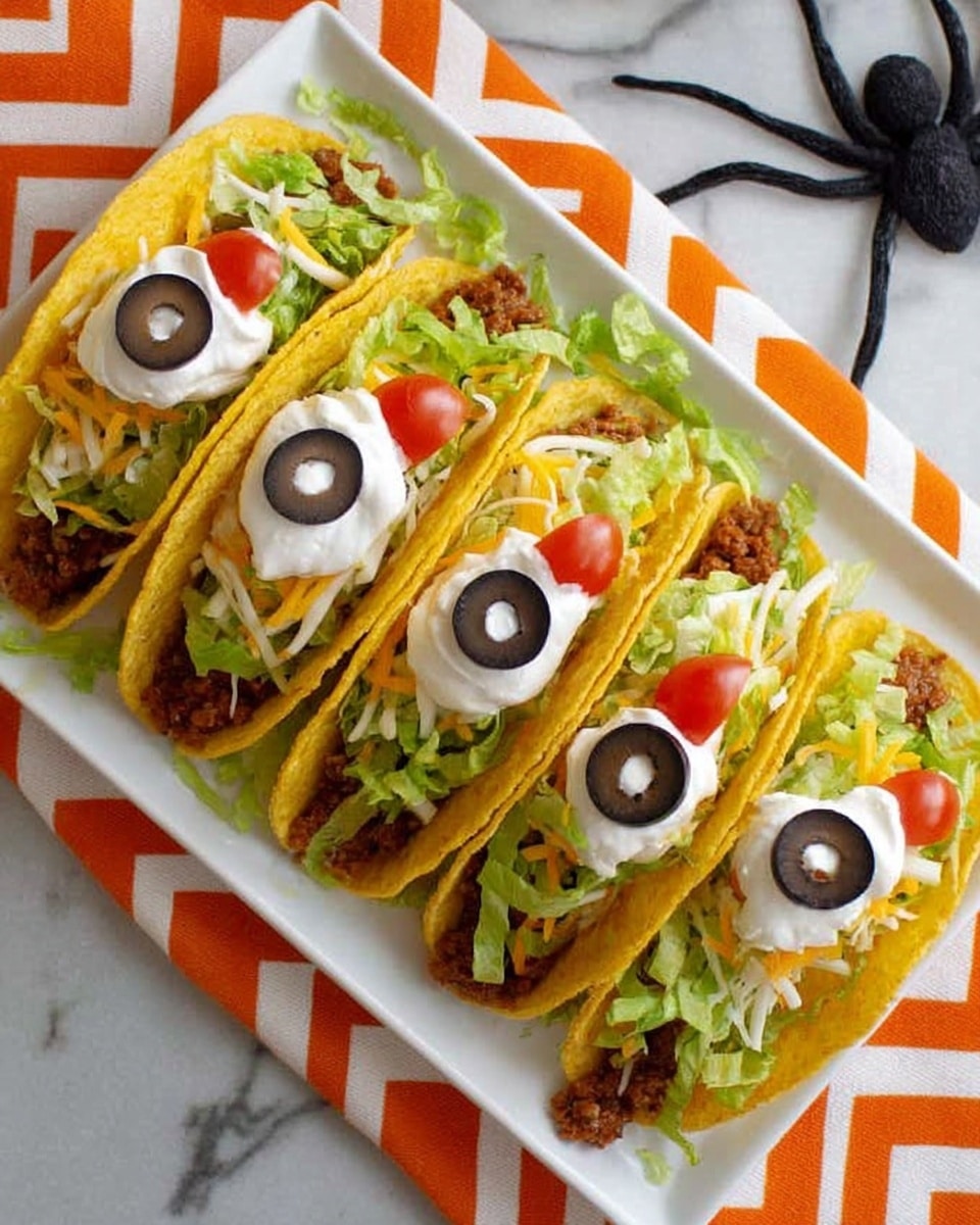 A yellow taco shell held by a woman's hand is filled with layers starting from bottom with chopped red tomatoes and green leafy lettuce, topped with shredded pale orange cheese, then two dollops of white sour cream each topped with a black olive slice, all inside the taco shell. The background features a white marbled texture with an orange and white zigzag cloth partially visible below the taco. Photo taken with an iphone --ar 4:5 --v 7