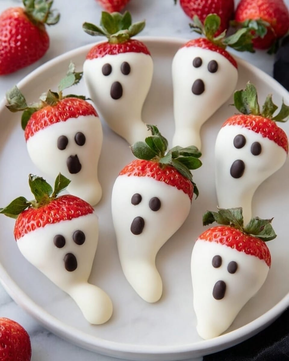 The image shows five strawberries dipped in white chocolate, arranged on a black plate. Each strawberry is decorated with small dark chocolate dots and lines to look like ghost faces, with two round eyes and an oval mouth. The white chocolate covers most of the strawberry, forming a smooth, thick layer that curves down to a little tail-like shape at the bottom, giving the appearance of floating ghosts. Fresh strawberries with green leaves are placed around the plate on a white marbled surface, adding bright red color contrast. Photo taken with an iphone --ar 4:5 --v 7