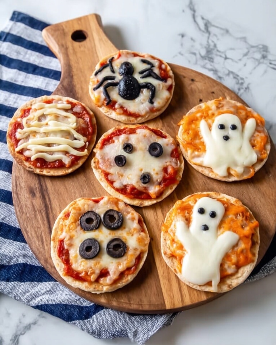 There are six small round pizzas with light brown crusts on a wooden board and a white plate, placed on a blue and white striped towel on a white marbled surface. Each pizza has a red tomato sauce base layer with different melted white cheese shapes on top, including a ghost, a spider made with black olive halves and slices, a web with black olive halves, and other ghost-like shapes. The white cheese on each pizza has smooth and slightly melted texture, and the black olives add small round details. One pizza with a ghost shape is on the white plate in the front, showing a smiling face made of black olives. Photo taken with an iphone --ar 4:5 --v 7