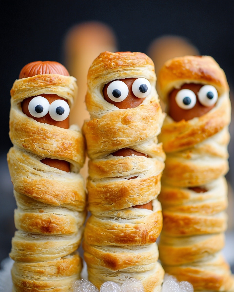 The image shows a white square plate holding five mummy-shaped hot dogs wrapped tightly in golden-brown dough strips that create layered textures around each hot dog. Each mummy has two large candy eyes placed near the top, adding a fun and playful touch. Behind the main plate, there is a white round plate stacked with three more mummy hot dogs also wrapped in golden dough. Surrounding the plates are small white bowls containing colorful candy corn, a bowl of more candy eyes, and two small metal containers with smooth red ketchup and bright yellow mustard. The whole scene is set on a white marbled surface with black decorative spider web netting adding a spooky Halloween vibe. photo taken with an iphone --ar 4:5 --v 7
