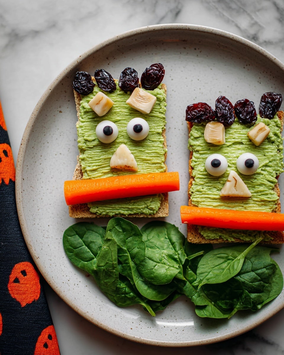 The image shows two small rectangular pieces of toast topped with a thick green spread, arranged on a white plate with a white marbled background. Each piece has a textured green layer with neat vertical and horizontal lines making a grid pattern. On top of the green layer, there are small chunks of pale nut pieces and dark dried fruit arranged to resemble eyes and a mouth, creating a face design on each toast. A bright orange carrot stick is placed at the bottom of each toast, resembling a neck, and there is a bed of fresh green leaves below the toasts. The plate is simple and round, with a woman’s hand slightly visible at the edge. photo taken with an iphone --ar 4:5 --v 7