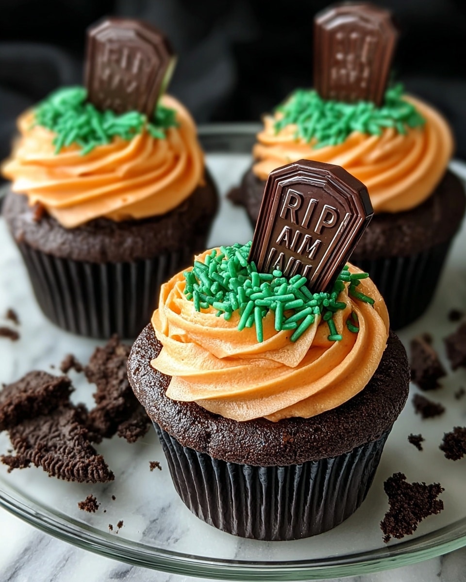 There are three chocolate cupcakes arranged on a clear glass plate placed on a white marbled surface. Each cupcake has a dark brown base with a swirl of smooth light brown frosting on top. On the frosting, there is a patch of green icing shaped to look like grass. A dark chocolate tombstone with carved writing is inserted vertically in the center of each cupcake. Around the cupcakes, there are bits of crumbled chocolate cookie crumbs scattered on the plate. Photo taken with an iphone --ar 4:5 --v 7