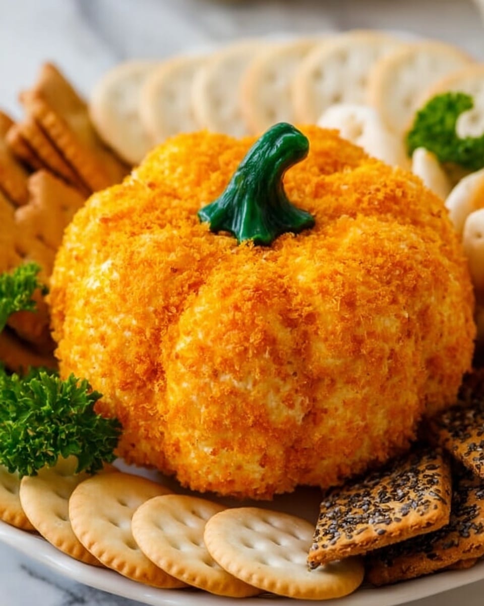 The image shows a round, pumpkin-shaped cheese ball with a rough, orange coating resembling a pumpkin's outer skin. It has a green, curved stem on top, shaped like a real pumpkin stem. A woman’s hand holds a small knife, scooping out an inner layer that is creamy light orange inside. Around the cheese ball, there are cream-colored crackers with black seeds, arranged in a fan shape near the bottom. Small green parsley leaves add a fresh touch near the crackers. The whole scene is placed on a white marbled surface. Photo taken with an iphone --ar 4:5 --v 7