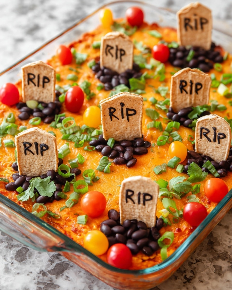 The image shows a rectangular glass baking dish filled with an orange cheesy layer on the bottom. On top of this layer, there are scattered chopped green onions and some fresh green herbs, adding a pop of green color. Black beans are grouped in small piles around the dish. Cherry tomatoes in red and yellow are placed in between the beans and green onions. Standing upright in the dish are triangular beige tortilla chips decorated with white icing letters spelling