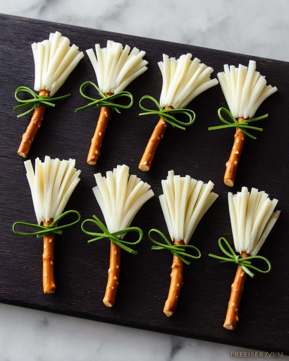 Several small broom-shaped snacks are arranged on a black surface. Each consists of a thin, light brown stick forming the broom handle. Attached to the stick's end are white strips made from cheese, fanned out to look like broom bristles. A thin green chive is tied around the top part of the cheese strips, close to the stick, to hold the shape together. The background is a white marbled texture. photo taken with an iphone --ar 4:5 --v 7
