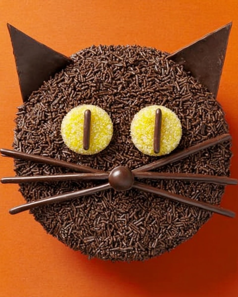 A round chocolate cake covered fully with small, dark chocolate sprinkles forms the base. Two triangular dark chocolate pieces stand on top at the back, resembling cat ears. The eyes are made of yellow jelly slices with a thin dark chocolate stick on each for pupils, positioned near the top center. A round light brown chocolate ball is placed in the middle for the nose. Four long, thin dark chocolate sticks are arranged on both sides below the nose, two on each side, to look like whiskers. The cake sits on an orange surface with a white marbled texture. Photo taken with an iphone --ar 4:5 --v 7