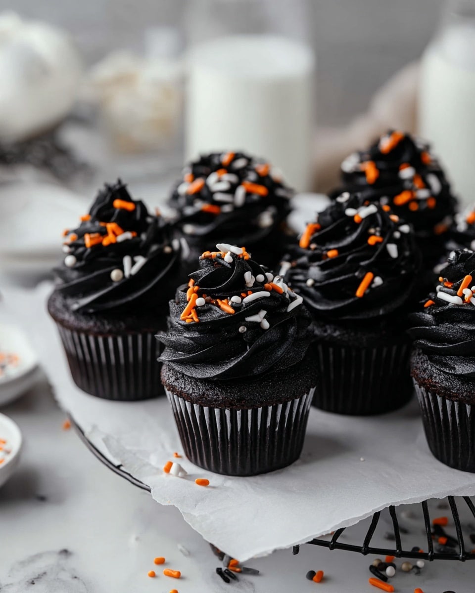 The image shows seven dark chocolate cupcakes with thick, tall swirls of dark black frosting on top. The frosting is decorated with small, colorful sprinkles in orange, white, and black, scattered all over the frosting and the white marbled surface around the cupcakes. The cupcakes sit on white parchment paper placed on a round wire rack. The background includes some clear glasses filled with milk and white jars, all against a soft, blurred white marbled backdrop. photo taken with an iphone --ar 4:5 --v 7