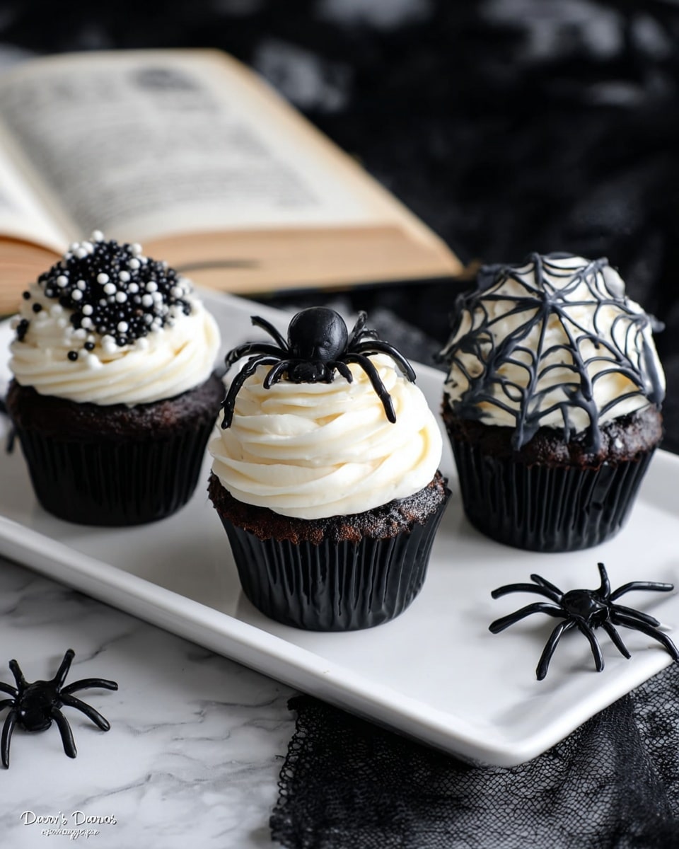 Three dark chocolate cupcakes are placed side by side on a long white rectangular plate on a white marbled surface. Each cupcake is in a black wrapper and has a thick swirl of white or black-and-white frosting on top. The first cupcake on the left has white frosting decorated with silver ball sprinkles, white string-like candy, and a small black plastic spider on top. The middle cupcake shows a mix of black and white frosting textured like a spider web, with a small black plastic spider sitting on it. The cupcake on the right has white frosting decorated with silver ball sprinkles and a small black plastic spider on top. Several additional small black plastic spiders are nearby on the plate and surface. Photo taken with an iphone --ar 4:5 --v 7