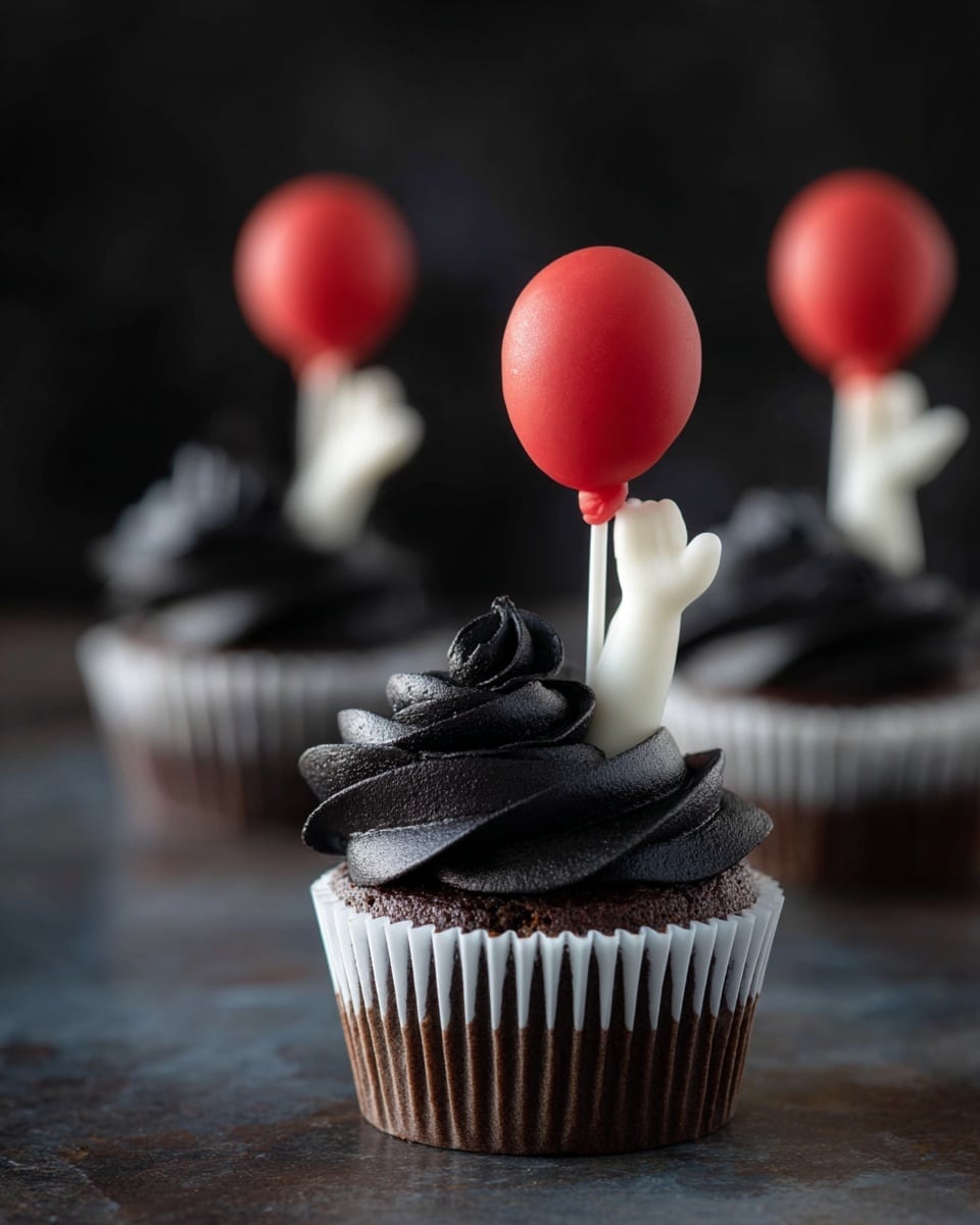 A row of three chocolate cupcakes each with dark black frosting piled in a swirl on top of the cake base, resting in white paper liners, placed on a white marbled surface. Each cupcake has two white fondant arms reaching upward with tiny detailed fingers, holding a thin stick with a bright red balloon shaped fondant piece at the top. The background is dark and blurred, making the cupcakes and red balloon colors stand out clearly. photo taken with an iphone --ar 4:5 --v 7