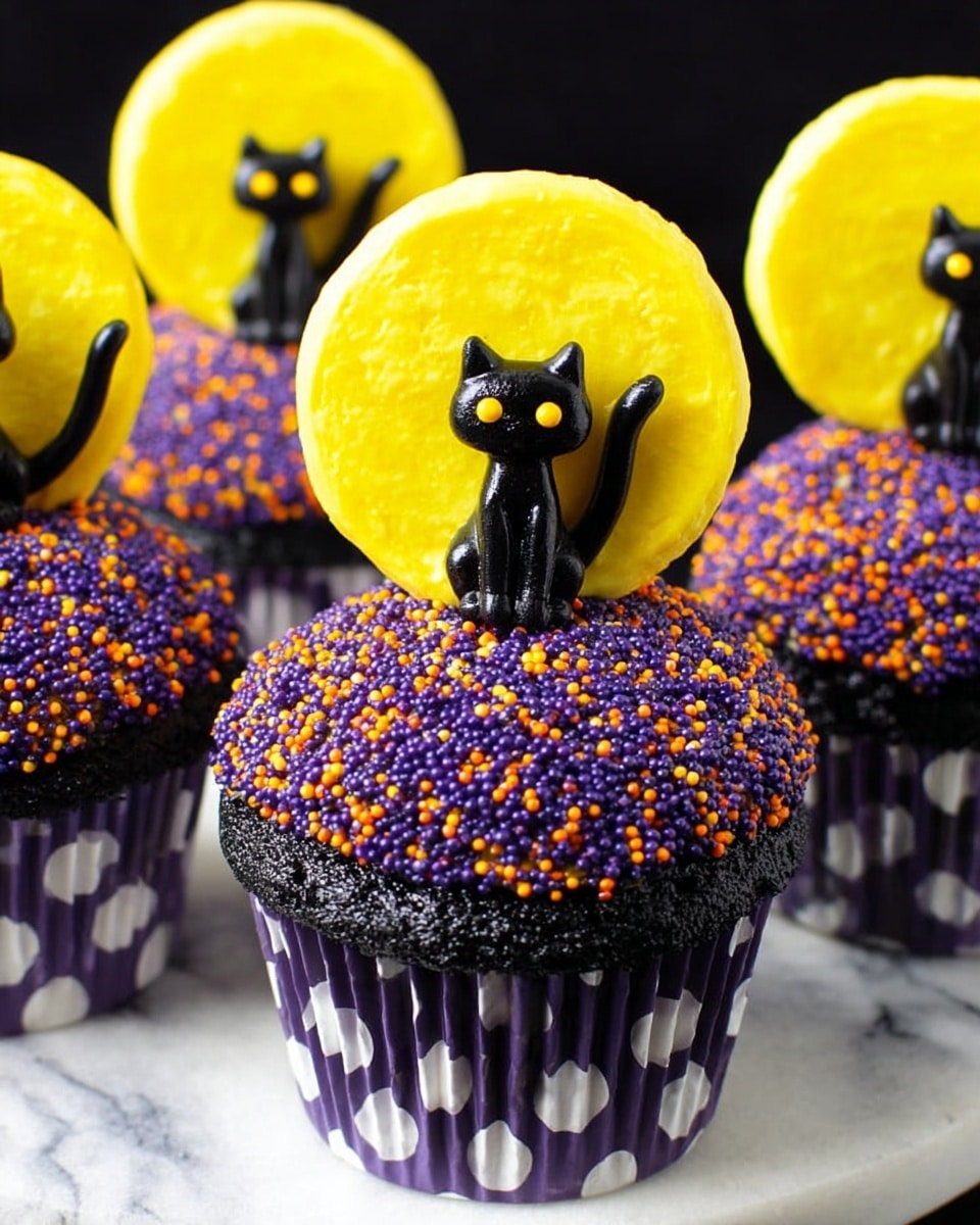 The image shows a group of cupcakes in white cupcake liners with black polka dots. Each cupcake has one layer of purple and orange sugar sprinkles on top, creating a rough texture. On top of each cupcake is a round, bright yellow, sugar-coated cookie standing vertically at the back. In front of each cookie is a small black cat figure with yellow eyes, standing with its tail up and curved. The cupcakes are placed on a white marbled textured surface. Photo taken with an iphone --ar 4:5 --v 7